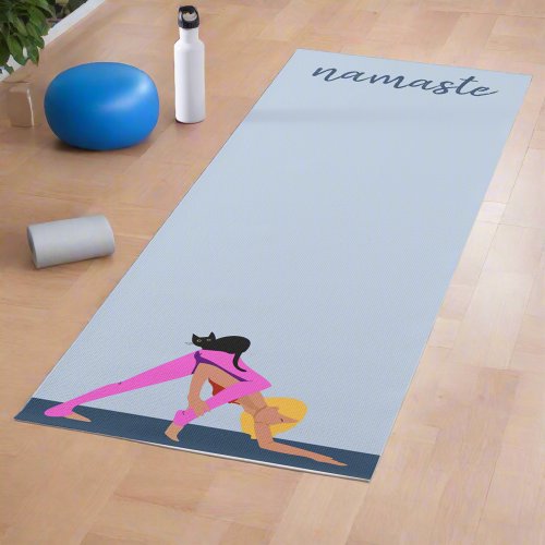 Women Poses With Cat l Blue Namaste Yogi Exercises Yoga Mat