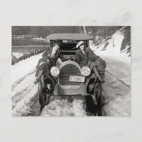 Women Posing On Automobile 1920 Postcard
