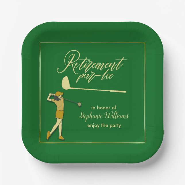 Women Retirement Golf Party Classic Green Golden  Paper Plates (Front)
