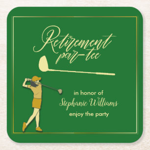Women Retirement Golf Party Classic Green Golden Square Paper Coaster