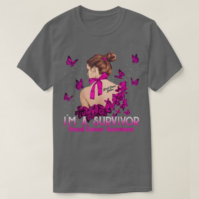 Women Ribbon Pink I'm A Survivor Breast Cancer Awa T-Shirt (Design Front)