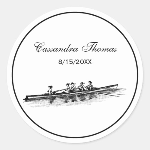 Women Rowing Rowers Crew Team Water Sports Black Classic Round Sticker