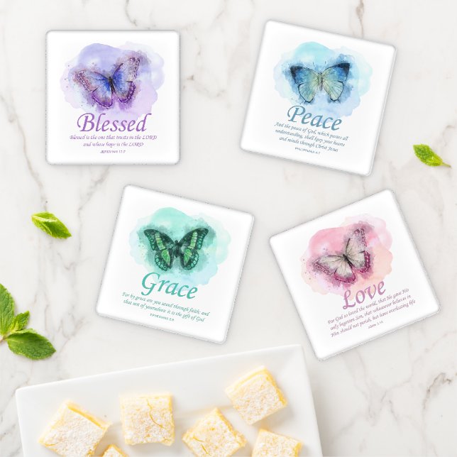 Women’s Christian Butterfly Bible Verse Coaster Set (In Situ)