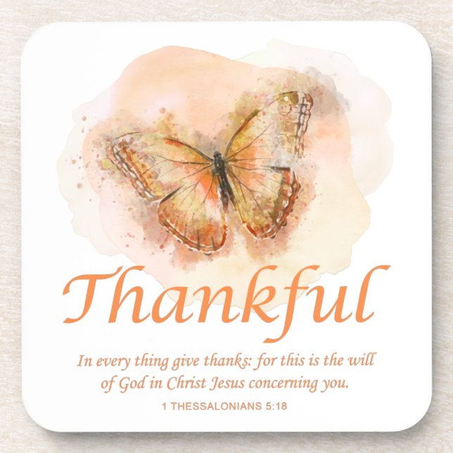 Women’s Christian Butterfly Bible Verse: Thankful  Beverage Coaster (Front)