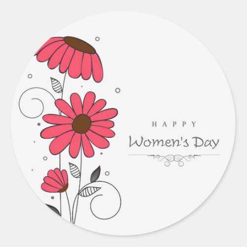 Womenâs day and drawn of pink flowes  with circles classic round sticker