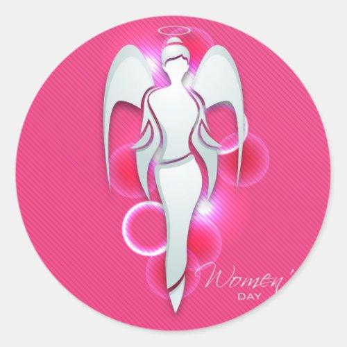 Womenâs daywhite woman angel on pink classic round sticker
