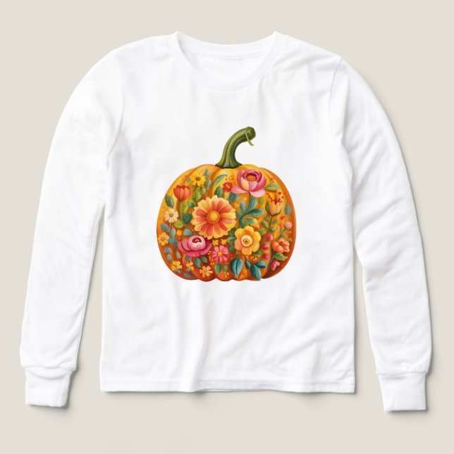 Women’s Folk Art Pumpkin T-Shirt – Symmetrical  Tri-Blend Shirts (Design Front)