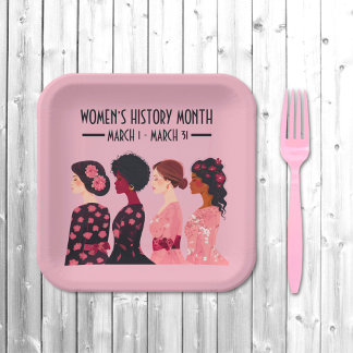 Women’s History Month Global Women Pink Floral Paper Plates