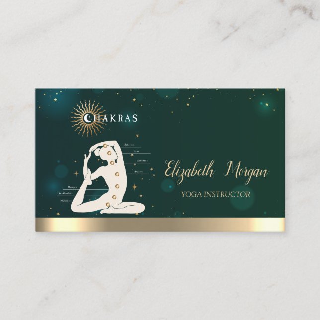  Women Silhouette Chakras Yoga Instructor Green Business Card (Front)