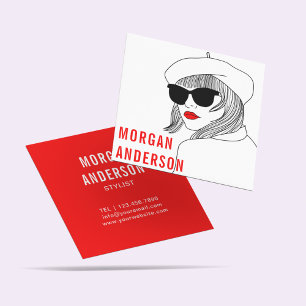 Women Silhouette Red & White feminine Fashion Square Business Card