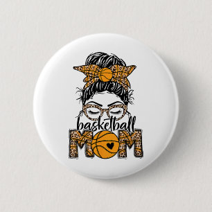 Women Sketll Mom Game Day Messy Bun Leopard Bleach Button