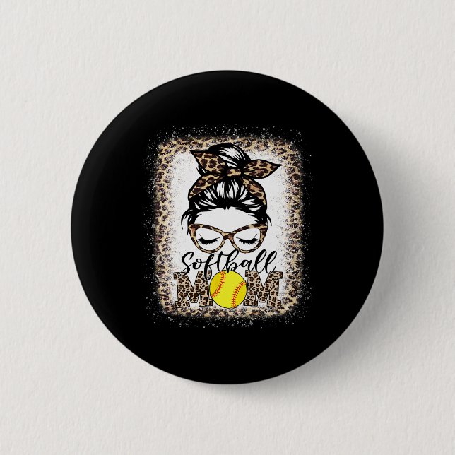 Women Softball Mom Boy Leopard Messy Bun Baseball  Button (Front)