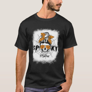 Women Spooky Mama Halloween Skull Messy Bun Witch T-Shirt