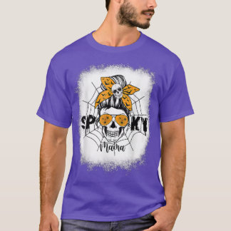 Women Spooky Mama Halloween Skull Messy Bun Witch T-Shirt