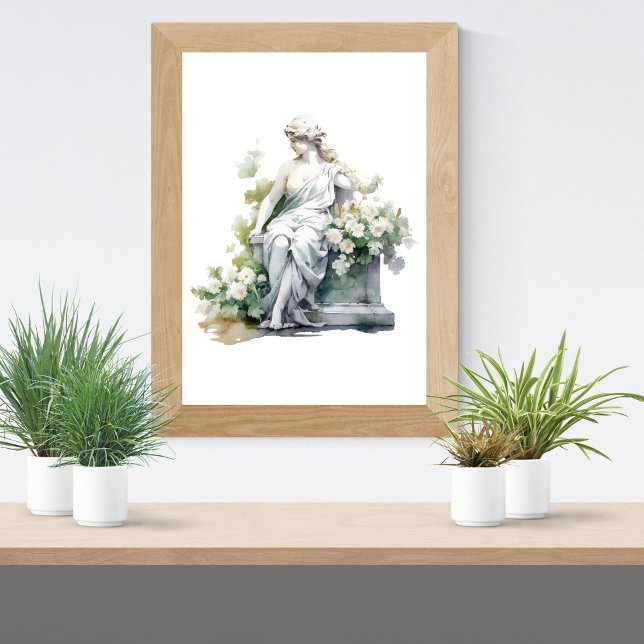 Women Statue in Garden Watercolor White Floral  Poster (Female Goddess Statue in Garden White Floral Watercolor Print)