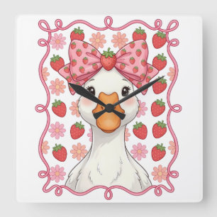 Women Strawberry Goose Summer Bow Square Wall Clock