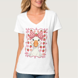 Women Strawberry Goose Summer Bow T-Shirt