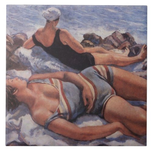 Women Sunbathing on the Beach by Serebriakova Ceramic Tile
