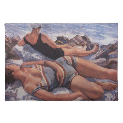 Women Sunbathing on the Beach by Serebriakova Cloth Placemat