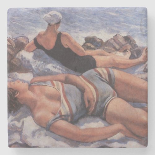 Women Sunbathing on the Beach by Serebriakova Stone Coaster