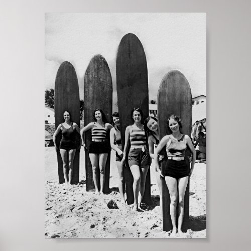 Women Surfers Black and White Vintage Art Poster