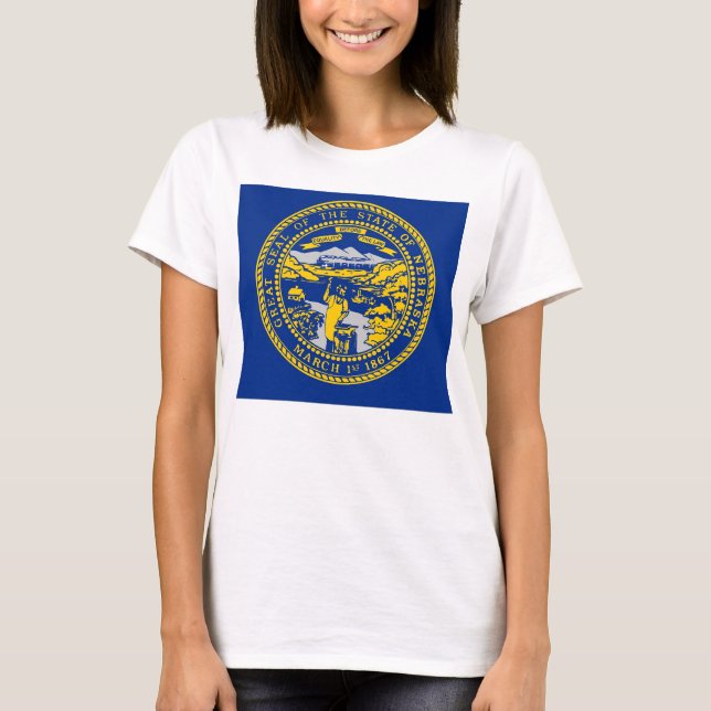 Women T Shirt with Flag of Nebraska State (Front)