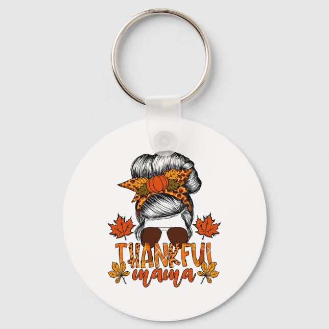 Women Thanksgiving Messy Bun Hair Fall Mama  Keychain (Front)