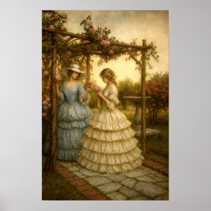 Women Under Rose Arbor In Victorian Era Garden Poster