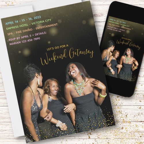 Women Weekend Getaway Elegant Black Golden Glitter Invitation