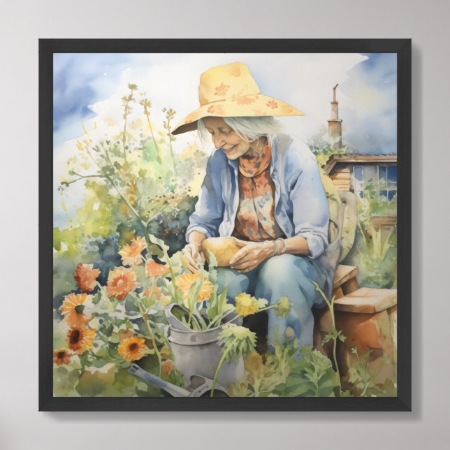 Women white hair sun hat water can garden framed art (Framed Front)