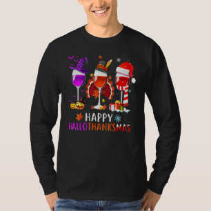 Women Wine Glass Thankgiving  Wine Happy Hallothan T-Shirt