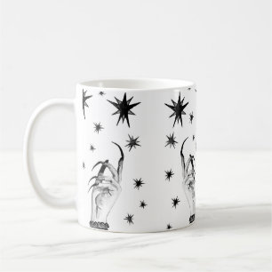 Women witch background with stars, witch hands wit coffee mug