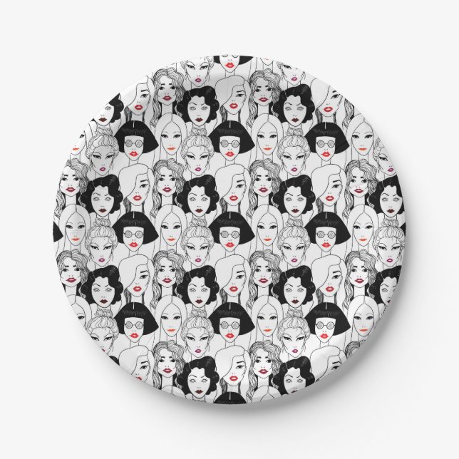 Women With Lipstick Pattern Paper Plates (Front)