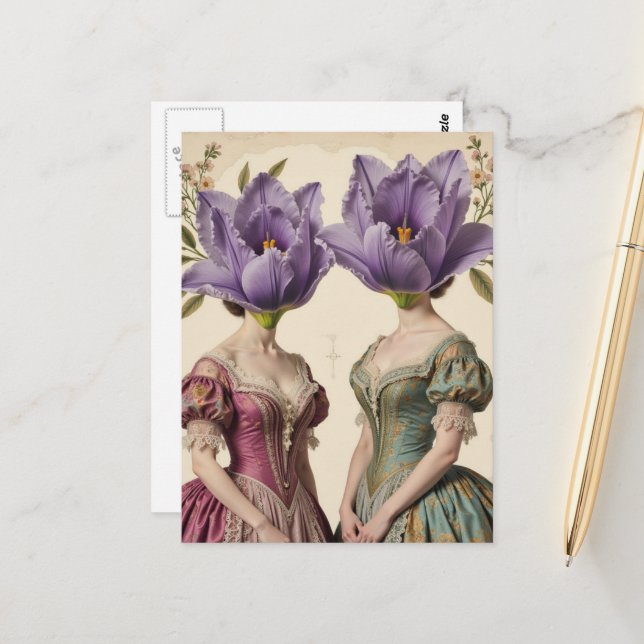Women With Purple Flower Heads Collage Postcard (Front/Back In Situ)