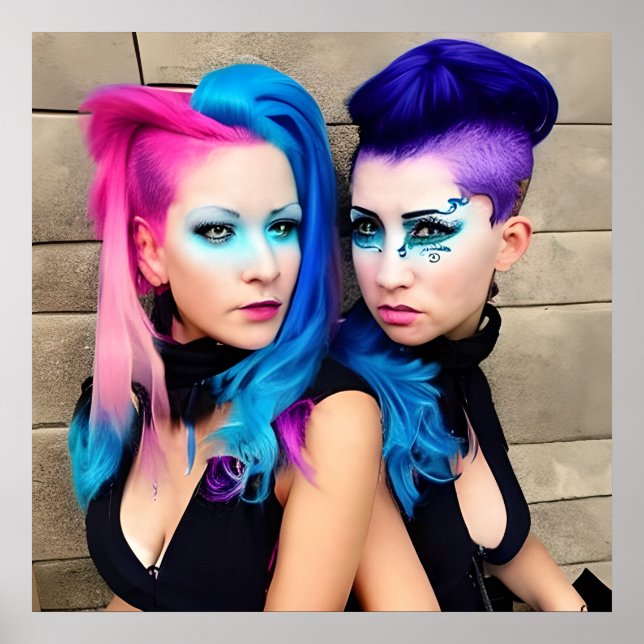 Women with Purple, Pink and Blue Mohawks Poster (Front)