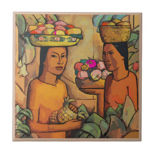 Women with Tropical Fruit Tile Mural
