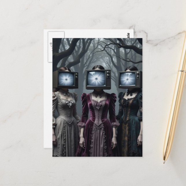 Women With Vintage Television Heads Spooky Forest Postcard (Front/Back In Situ)