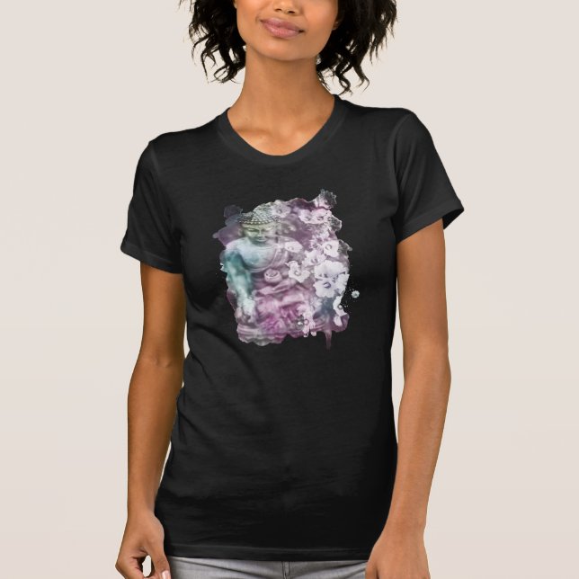 *~* Women Zen Buddha Flowers Pastel Black T-Shirt (Front)