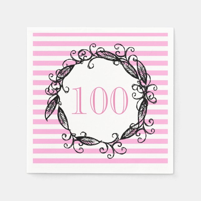 Women's 100th Birthday Pink White Black Swirly Paper Napkins (Front)