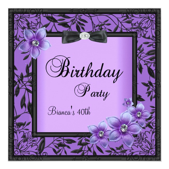 Womens 40th Birthday Party Purple Black Flower Personalized Invite