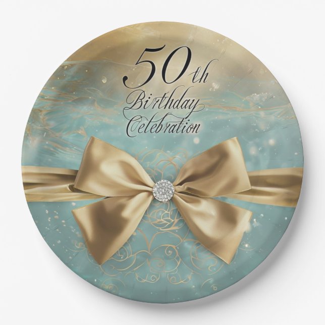 Women's 50th Birthday Gold Diamond Bow & Swirl Paper Plates (Front)