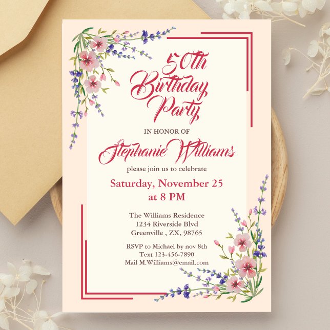 Women's 50th Birthday Party Floral Elegant Border Invitation (Creator Uploaded)