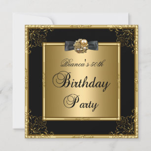 Womens 50th Birthday Party Gold Black Floral Invitation
