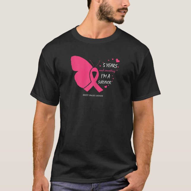 Womens 5 Years Breast Cancer Free Gifts Butterfly  T-Shirt (Front)