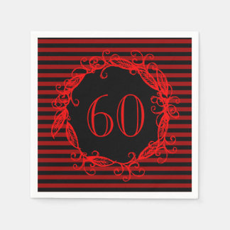 Women's 60th Birthday Black Red Swirly Paper Napkins