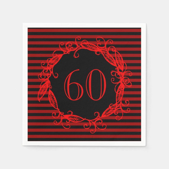 Women's 60th Birthday Black Red Swirly Paper Napkins (Front)
