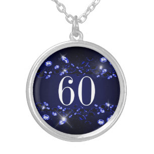Women's 60th Birthday Blue Black Sparkly Diamond Silver Plated Necklace