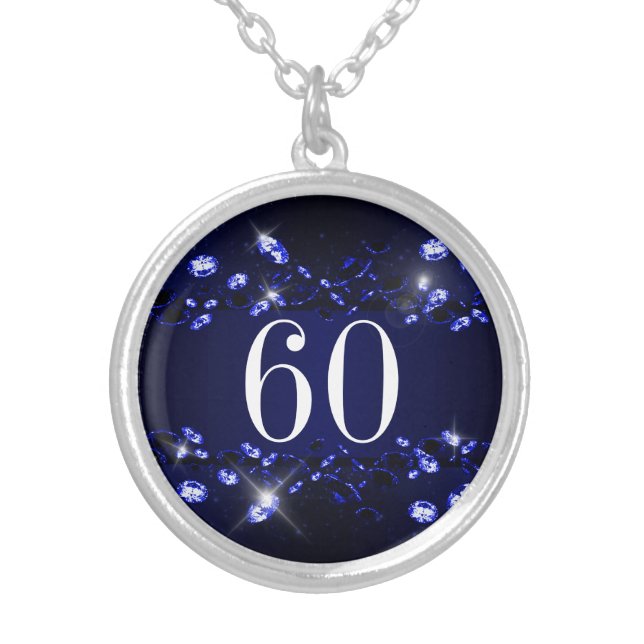 Women's 60th Birthday Blue Black Sparkly Diamond Silver Plated Necklace (Front)