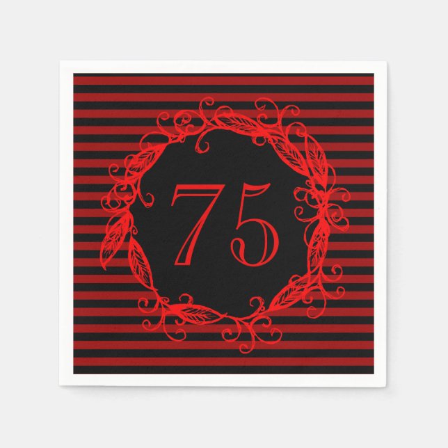 Women's 75th Birthday Black Red Swirly Paper Napkins (Front)