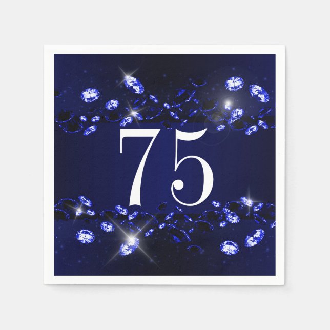 Women's 75th Birthday Blue Black Sparkly Diamond Napkins (Front)